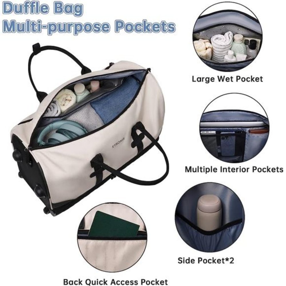 Women's Rolling Duffle Bag with Wheels and Bags Shoe Compartment, Beige, 21 Inch - Picture 4 of 7